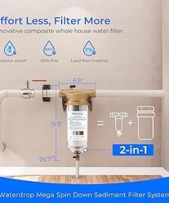 Waterdrop Mega Spin Down Sediment Filter, Reusable Whole House Water Filter System, Backwash Sediment Water Filter Double System 100 Micron+5 Micron PP Filter, BPA Free, 1″ MNPT + 3/4″ FNPT 2