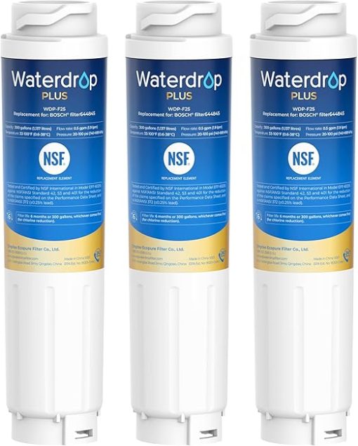 Waterdrop Plus 644845 NSF 401&53&42 Certified Refrigerator Water Filter, 𝐑𝐞𝐝𝐮𝐜𝐢𝐧𝐠 lead and 𝐏𝐅𝐀𝐒, Replacement for Bosch® 11034152, 9000077104，UltraClarity® REPLFLTR10, 3 Filters